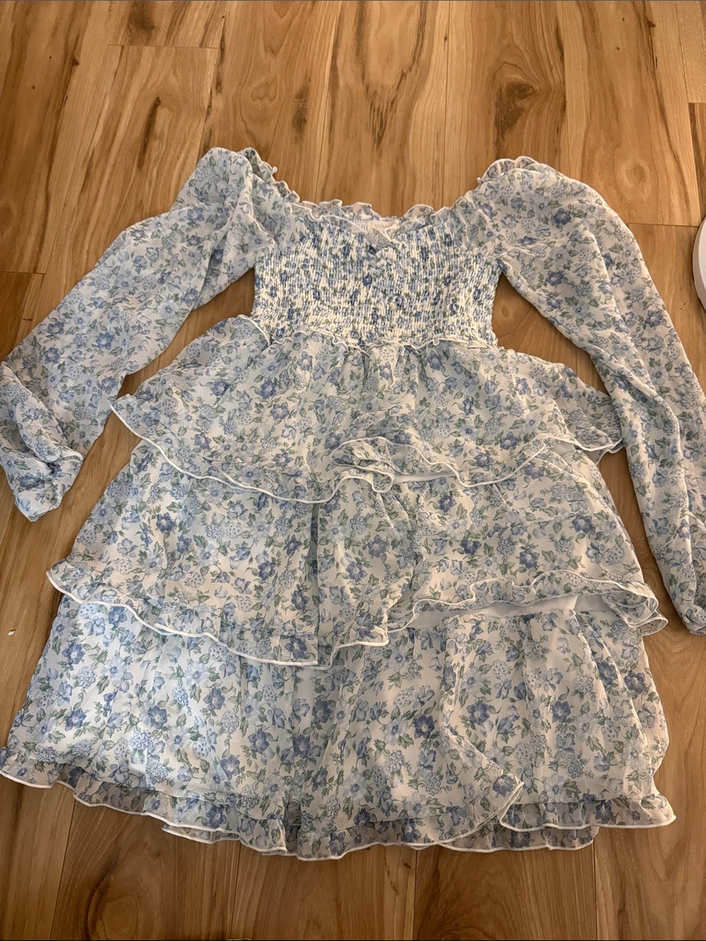 Ultra Flirt Light Blue and White Floral Ruffle Dress